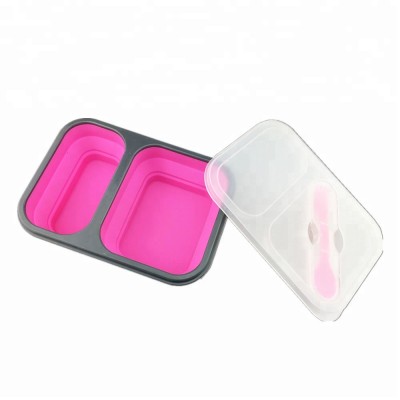 Food Grade Silicone Leakproof 2 Compartment Microwave Food Container/ 2 Compartment Silicone Collapsible Lunch Box with Forks