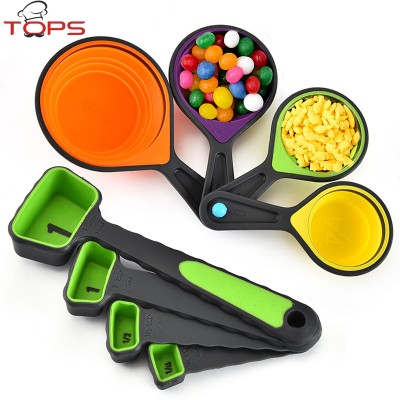 Amazon Hot Selling 8 Pieces Portable Silicone Measuring Cups & Spoons/Collapsible Silicone Measuring Cups and Spoon Set