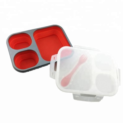 LFGB Food Grade Silicone Wholesale Lunch Box/ Leakproof Folding Silicone School Lunch Box with Lock 3 Compartment