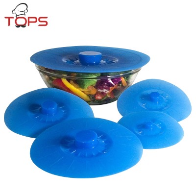 Food Safe Silicone Bowl Lids Set of 5 Reusable Suction Seal Covers for Bowls, Pots, Cups Blue Green White Red